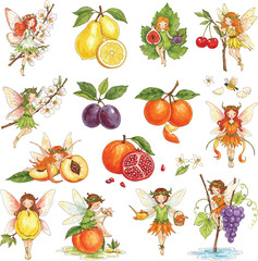 Whimsical fruit fairies watercolor illustration pattern