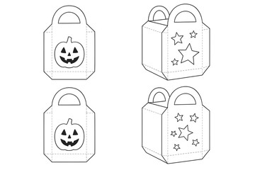 Printable Halloween treat bag template with jack-o'-lantern and star designs. Cut and fold lines for DIY paper favor box, perfect for kids crafts and party packaging.