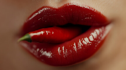 Obraz premium Close-up of red, glossy lips with a red chili pepper held between them. The focus is on the vivid colors and textures, creating a visually striking image.