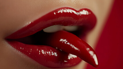 Obraz premium Glossy red lips biting a chili pepper against a red background. A daring and spicy close-up, blending beauty with a hint of heat.