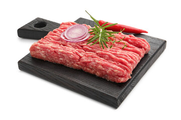 Raw minced meat with rosemary, thyme, onion and chili pepper isolated on white