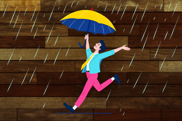 A person is dancing blissfully with an umbrella amidst falling rain. The colorful attire and lively movement add a sense of happiness and freedom.AI generated.