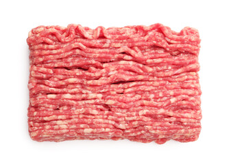 Fresh raw minced meat isolated on white, top view