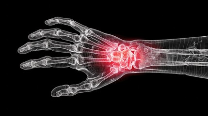 3D wireframe illustration of human hand skeleton with red highlighted wrist joint representing pain, inflammation and medical injury, ideal for healthcare and anatomy design.