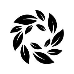 Monochromatic Black Leaves Arranged in Circular Organic Wreath Design on White