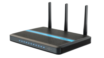 Modern black wireless router with three antennas and blue led lights, isolated on transparent background