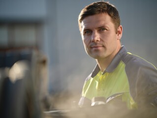 Steelworker facing camera in high-visibility gear at dim warehouse