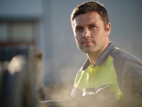 Steelworker facing camera in high-visibility gear at dim warehouse