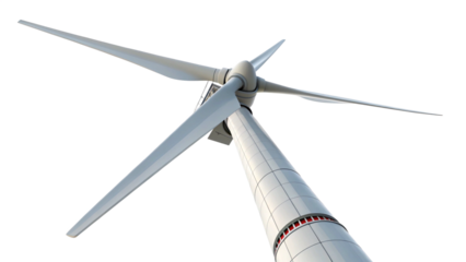 Closeup of a wind turbine rotor and blades against a transparent background