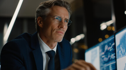 Data scientist analyzing complex big data sets to generate predictive insights for executive decision-making, showing curiosity and focus, symbolizing business intelligence, AI analytics