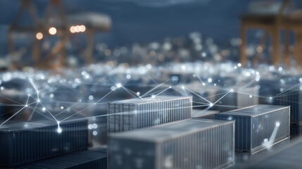 Smart containers with embedded sensors communicating with autonomous vehicles in vast logistics terminal, symbolizing predictive routing, AI connectivity, and seamless supply chain integration.