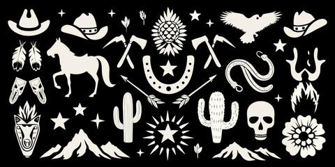 Collection of western and southwestern icons in silhouette on black background