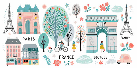 Fototapeta premium Charming parisian scene with iconic landmarks people and nature elements