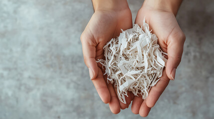 Hands holding shredded paper; a gesture of data protection, privacy, or waste. Close-up of textured paper strips, symbolizing sensitive information.