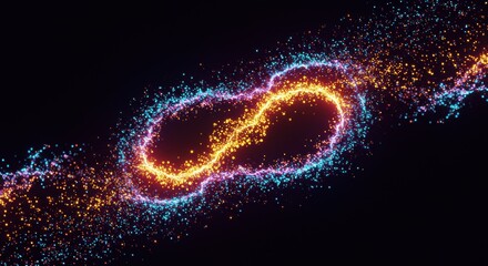 Swirling streams of glowing orange and blue particles form an abstract infinity symbol against a dark background.