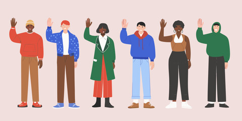 Diverse group of people waving hello in a friendly greeting illustration