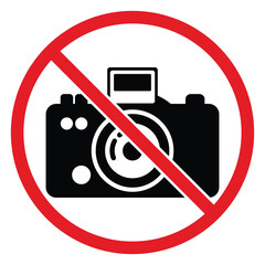 No Photography and No Camera Allowed Sign Vector – Red Circle Camera Icon, Prohibited Recording and Flash Warning Symbol Illustration