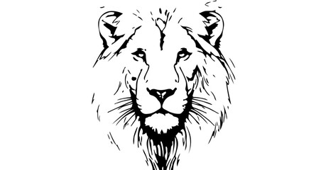 Illustration of a lion's head with detailed mane and facial features in black and white drawing style