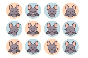 Set of twelve cute bat emoji faces in pastel circles, cartoon icons of varied moods like happy, sleepy, sad, wink perfect for Halloween stickers and kids designs.