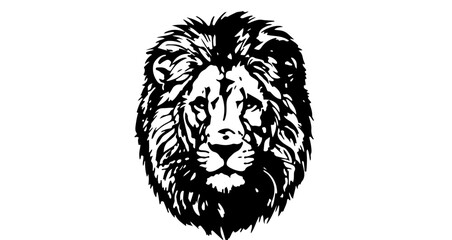 A majestic lion head with a full mane depicted in a bold black and white graphic illustration style