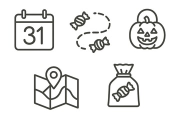 Minimal line icon set for Halloween trick-or-treat: calendar 31, candy trail, jack-o-lantern, map pin, sweets bag clean monochrome outline, isolated on white for apps and print.
