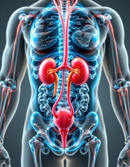 Detailed Illustration Human Torso with Kidneys Labeled