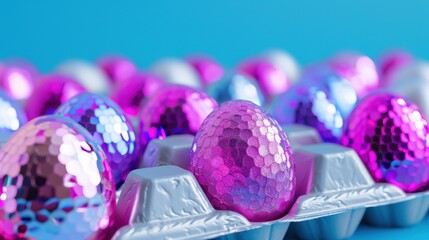 Shiny colorful decorative Easter eggs in a carton on a bright blue background creating a festive spring atmosphere