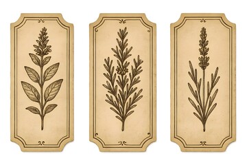 Vintage botanical label set with hand-drawn herbs on aged paper. Engraved borders, rosemary, lavender, sage silhouettes for apothecary, tea, packaging, craft design.