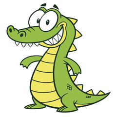 Cartoon alligator with big eyes and a wide smile standing up on two legs with arms out looking happy