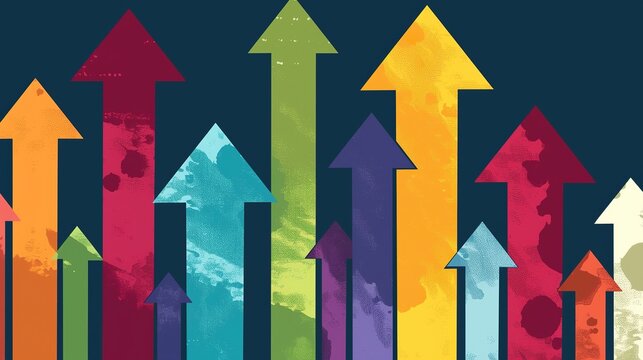Colored arrows pointing upwards against a dark background, depicting the concept of growth and progress, symbolizing business success in marketing or sales, as a striking magazine cover.