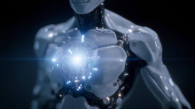 Futuristic machine with illuminated torso displaying energy chamber called life capsule, representing robotic generative systems, artificial intelligence, and speculative visions of future