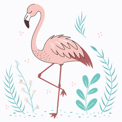 Naklejka premium Illustration of a pink flamingo standing on one leg surrounded by plants and small flowers