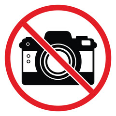 No Photography and No Camera Allowed Sign Vector – Red Circle Camera Icon, Prohibited Recording and Flash Warning Symbol Illustration