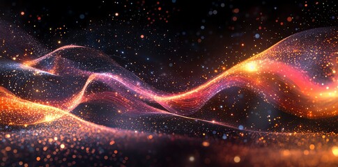 Abstract Vibrant Light Waves with Sparkling Particles in Dark Background