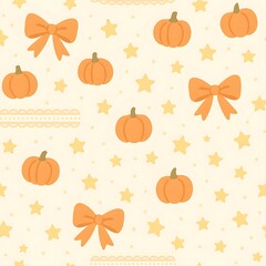 Cute seamless pattern with orange pumpkins, bows, stars and dots on a cream background pastel autumn design for wrapping, fabric, stationery and seasonal decor.