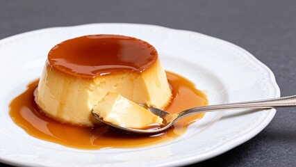 Caramel custard pudding with spoon