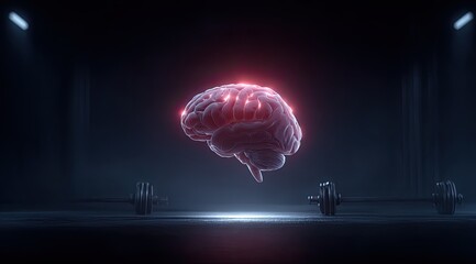 Animated Human Brain Lifting Weights in Dark Gym with Dramatic Lighting