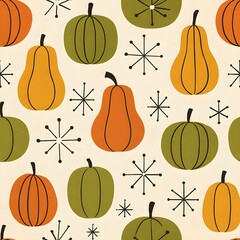 Mid-century modern seamless pattern with stylized pumpkins, gourds and atomic starbursts in orange and olive on cream retro harvest design for fabric, wallpaper, wrapping and seasonal decor.