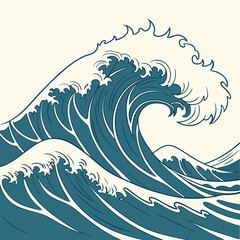 Illustration of large ocean waves with white crests and blue bodies against a light cream background