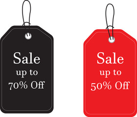 Red and black hanging sale tags with up to 70 and 50 percent discount offers