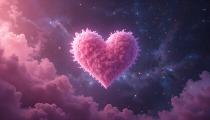 
Heart-shaped nebula of pink mist in outer space, surrounded by sparkling stars, cosmic love concept.