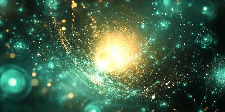 Abstract Bright Golden Light Swirling in Cosmic Space with Glowing Particles and Bokeh Effect