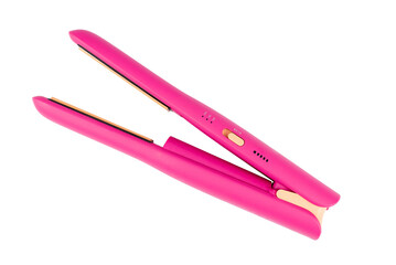 Cordless pink hair straightener, isolated on a transparent background.