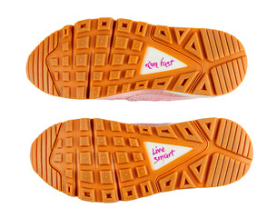 Sole of sneakers with a message which I am an Pair of sneakers sole isolated- Run fast, Live smart - isolated