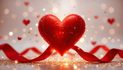 
Velvet red ribbons intertwining into a glowing heart, floating among tiny golden sparkles, luxury Valentine texture