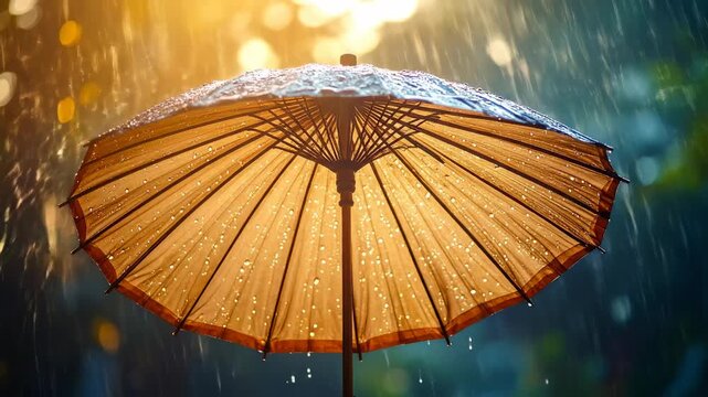 Golden Light Shining Through an Umbrella During a Rain Shower.