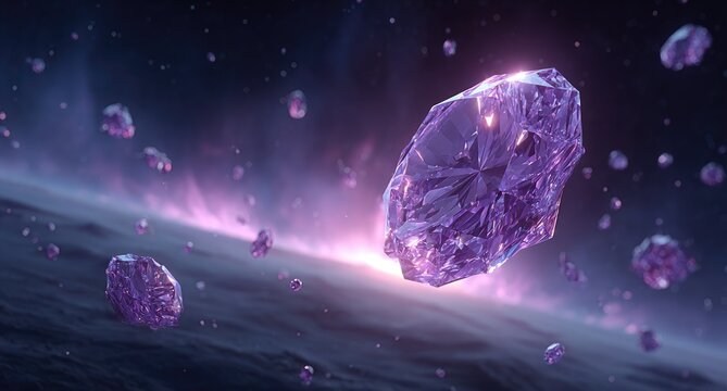 Array Of Purple Diamonds Floating In Outer Space With Bright Pink Nebula In The Background