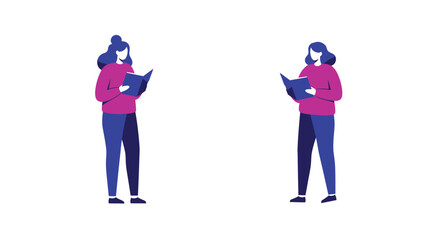 Two women reading books minimalist illustration in shades of pink and blue