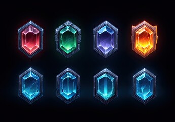 Assorted Hexagonal Gemstone Icons with Silver Borders on Black Backgrounds for Game UI Fantasy Roles