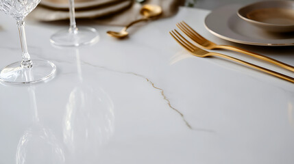Elegant Table Setting: Crystal glassware and gold cutlery adorn a pristine marble surface, inviting a sense of sophistication and refined dining.